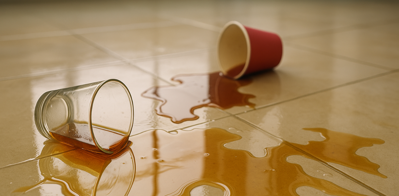 Two cups spill liquid across tile floor, creating a slip and fall hazard in a public indoor space
