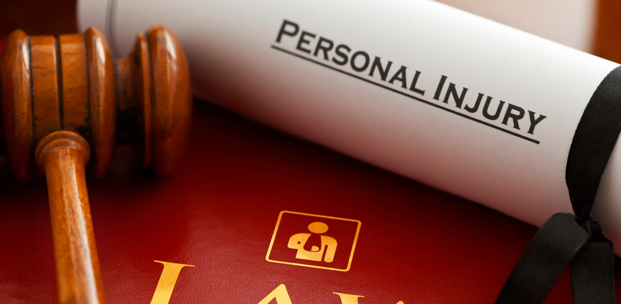 Gavel resting on a red law book next to a scroll labeled Personal Injury