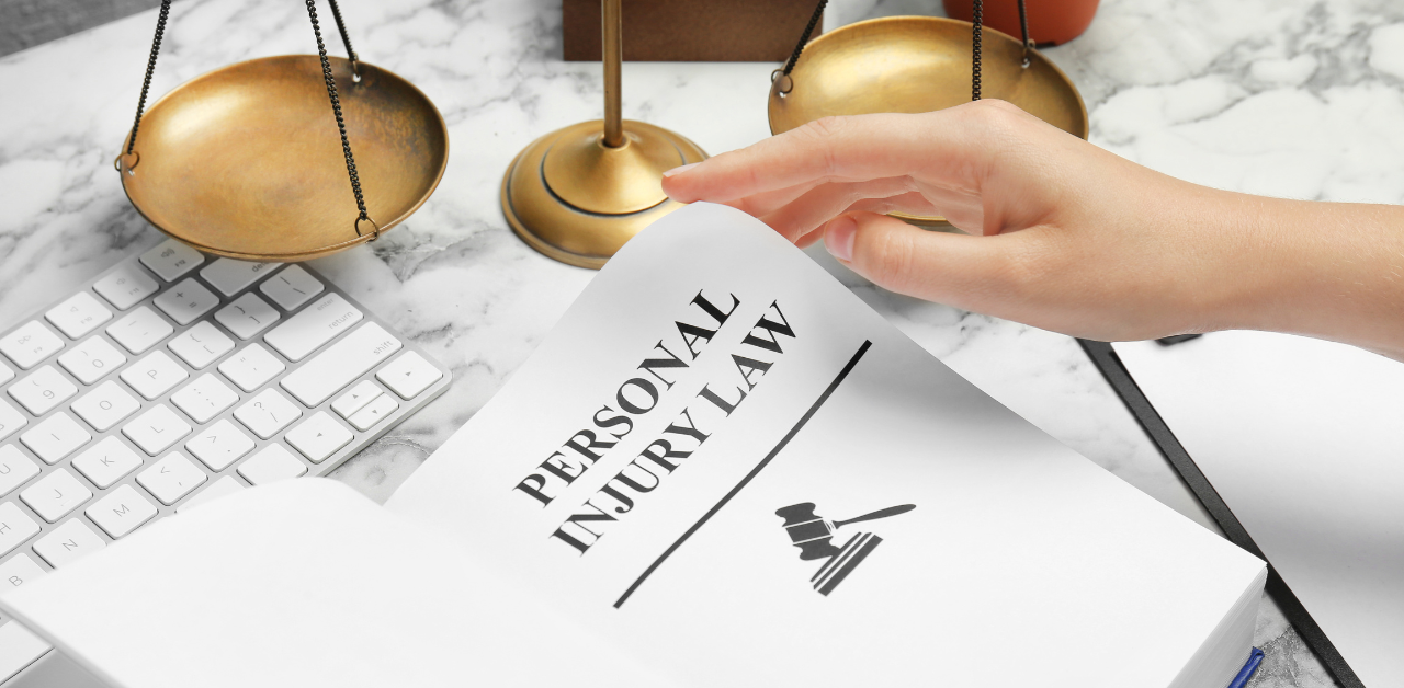 Hand flipping open a legal book titled “Personal Injury Law” next to a keyboard and golden justice scales