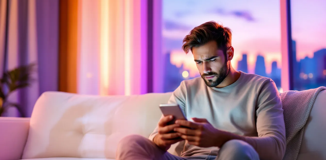 Man sitting on a couch in a colorful room, looking at his phone with a serious, focused expression