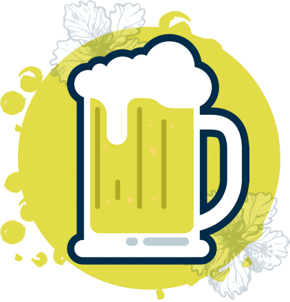 An illustration of a frosty mug of beer with a frothy head, centered on a light green circle with faint floral designs.