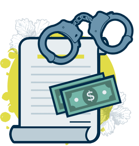 Handcuffs on a legal document with cash, symbolizing the legal and financial consequences of a crime.