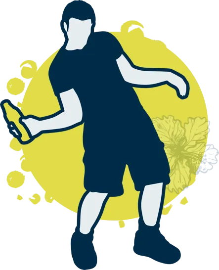 Stylized illustration of a person holding a bottle, dancing against a yellow circle with floral and splatter designs.