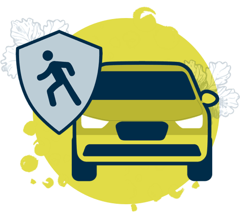 A light yellow car with a gray shield icon in front, showing a stylized person walking or running.