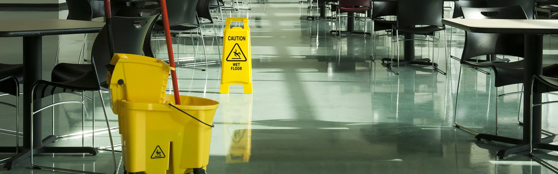 Empty cafeteria floor being cleaned with a yellow mop bucket, mop, and 'CAUTION WET FLOOR' sign.