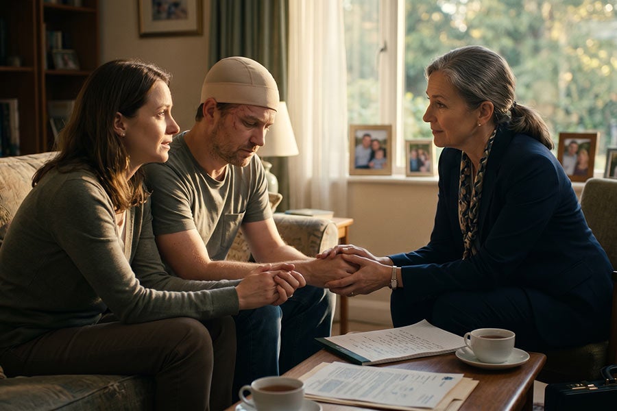 A sympathetic therapist holds the hands of a man with head injuries and a woman in a comforting home setting.