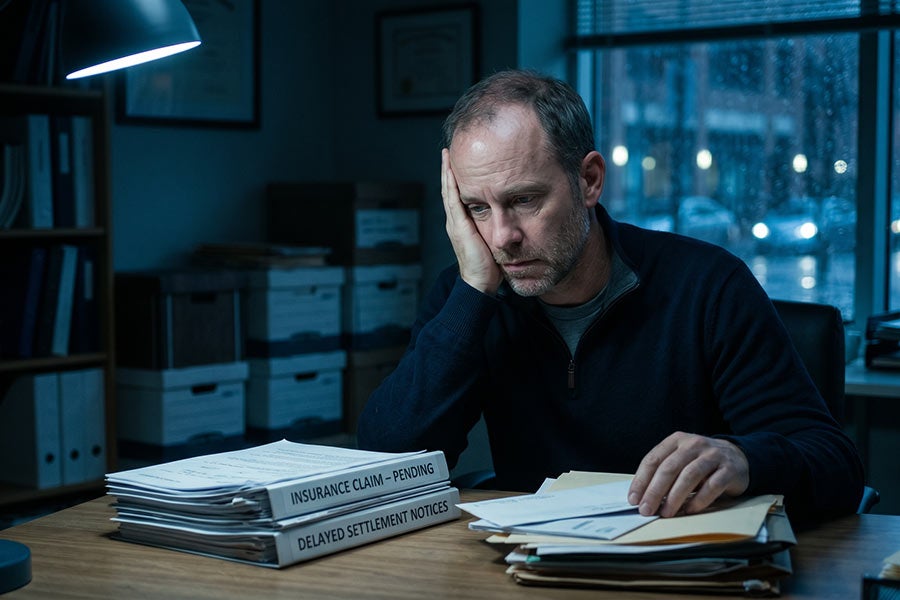 A stressed man with his hand on his face sits at a desk with piles of papers