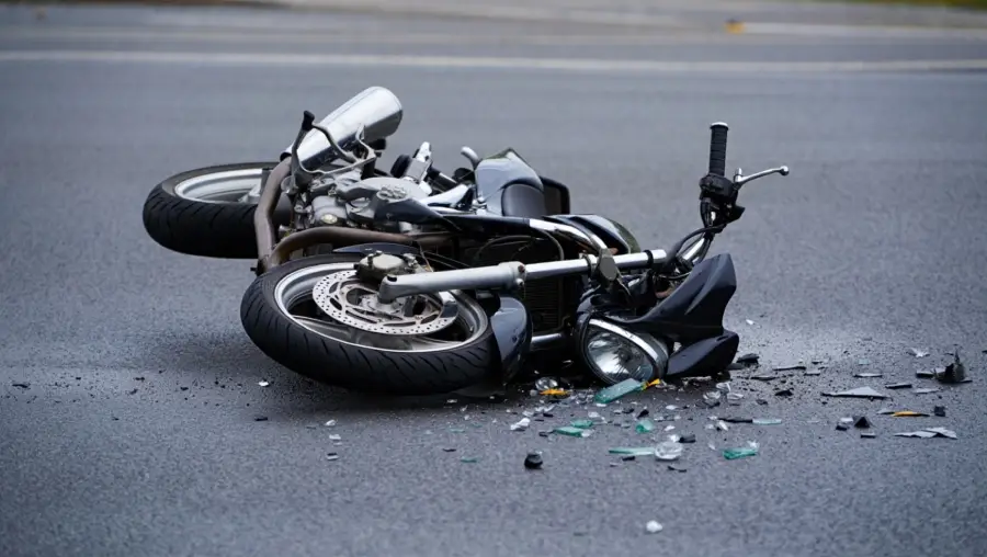 A crashed black motorcycle lies on its side on a wet road, surrounded by broken glass and debris.