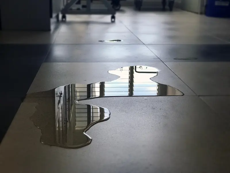 Puddle reflecting a window with horizontal blinds and an overhead light on a tiled floor.