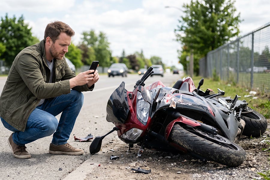A man crouches beside an overturned, damaged motorcycle on the road shoulder, taking a photo with his phone.